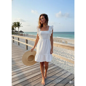 New In White Ruffle Open Back Coastal Mini Dress